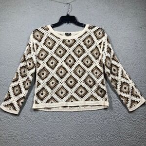 LA SEINE Crochet Granny Square Sweater Cream Brown Long Sleeve Top XS S